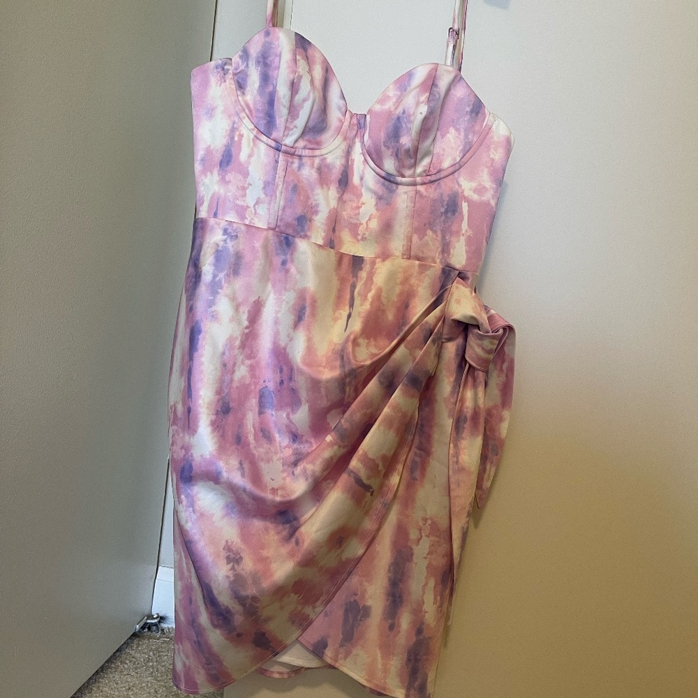 Michael Costello Pastel Watercolor Bustier Mini Dress in Lavender and Cream